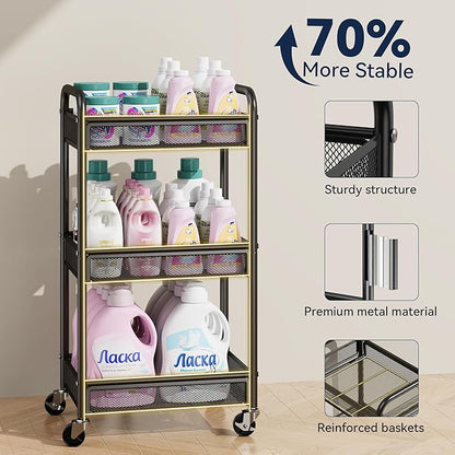 YASONIC 3 Tier Rolling Cart – Metal Utility Storage Carts with Wheels, Craft Cart Organizer with Hanging Cups, Hooks, Mesh Basket for Bedside Kitchen Office Art, Black