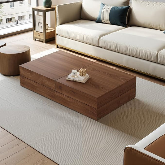 Mid-Century Modern Farmhouse 47.2-81.8" Expandable Coffee Table，Adjustable Center Table with Large Storage for Living Room, Walnut