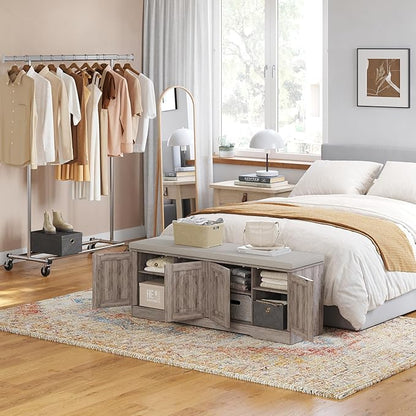 DINZI LVJ Shoe Bench, Entryway Storage Bench with Doors, Cushion, 2-Tier Shoe Rack with 8-Cubby, 47.2”L x 13.8”W Shoe Organizer Cabinet, Adjustable Shelf, Living Room, Bedroom, Greige