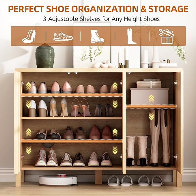 Vlsrka Shoe Cabinet Storage for Entryway with 3 Doors, Narrow Wooden Shoe Cabinet, Outdoor Hidden Shoe Storage for Entryway, Garage, Foyer, Hallway, Living Room