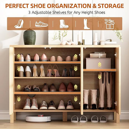 Vlsrka Shoe Cabinet Storage for Entryway with 3 Doors, Narrow Wooden Shoe Cabinet, Outdoor Hidden Shoe Storage for Entryway, Garage, Foyer, Hallway, Living Room