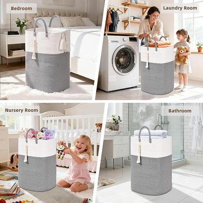 Woven Laundry Basket for Clothes, 80L Large Rectangle Laundry Hampers with Beads Tassel, Nursery Storage Basket for Toys, Tall Dirty Clothes Hamper for Bedroom Aesthetic, Laundry Room Organization