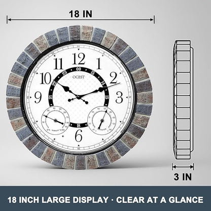 OCEST 18 Inch Large Outdoor Clock Waterproof Thermometer Hygrometer Combo Night Light Illuminated Wall Clocks Battery Operated Silent Non-Ticking Ideal Patio Clock for Garden Pool Porch Yard Garage