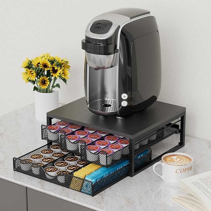 Coffee Pod Holder For Counter, 3 Pull-Out 72 K-Cup Holder Drawer, Wooden Cafe Pods Storage Organizer with Sliding Drawers for Coffee Station, Home, Kitchen, Office, Dorm (Black)