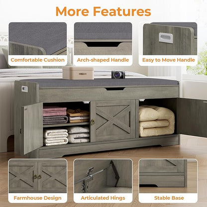 Farmhouse Shoe Storage Bench, Entryway Bench with Cushion Seat, Lift Top Storage, Adjustable Shelf, 3 Doors, 330 lbs Capacity, Storage Bench for Entryway, Bedroom, Living Room (Grey)