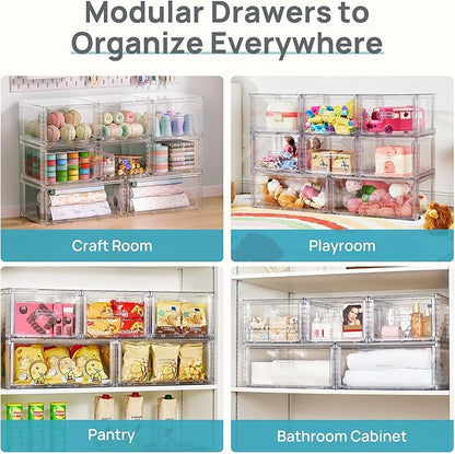 Vtopmart 6 Pack Clear Stackable Storage Bins, Easily Assemble Bathroom Organizers,Plastic Storage Bins for Kitchen Pantry,Under Sink Organization(Medium)
