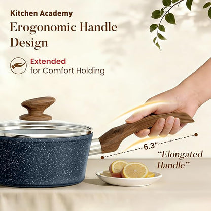 Kitchen Academy Blue Pots and Pans Set Non Stick, 12Pcs Induction Cookware | Premium die-cast aluminum, nonstick granite coating, fast heating, easy to clean, PFOA & PFOS free, toxic-free cooking