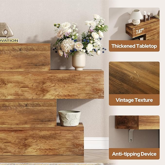63" Long Farmhouse Console Table for Entryway, Modern Wooden Sofa Table Behind Couch, 4-Tier Storage Entry Table Hallway Table for Living Room, Unique Design Rustic Foyer Table, Walnut