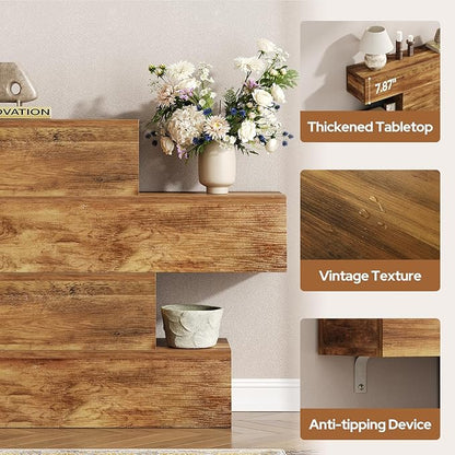 63" Long Farmhouse Console Table for Entryway, Modern Wooden Sofa Table Behind Couch, 4-Tier Storage Entry Table Hallway Table for Living Room, Unique Design Rustic Foyer Table, Walnut