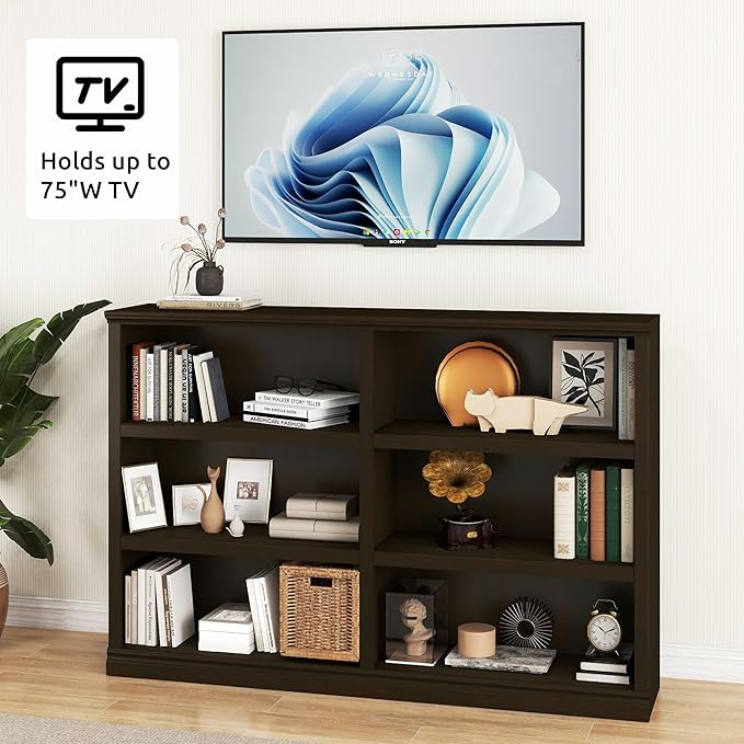 blini Bookshelf Double Wide 64 in 3-Tier 6 Cube Storage Organizer Wooden Bookcase for Bedroom and Home Office Decor Display