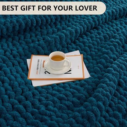 L'AGRATY Chunky Knit Blanket Throw: 80''x90'' Chenille Chunky Knitted Throw Blankets for Bed Couch - Handmade Thick Big Cable Knit Blanket - Large Crochet Rope Blankets for Home Decor(Blue)