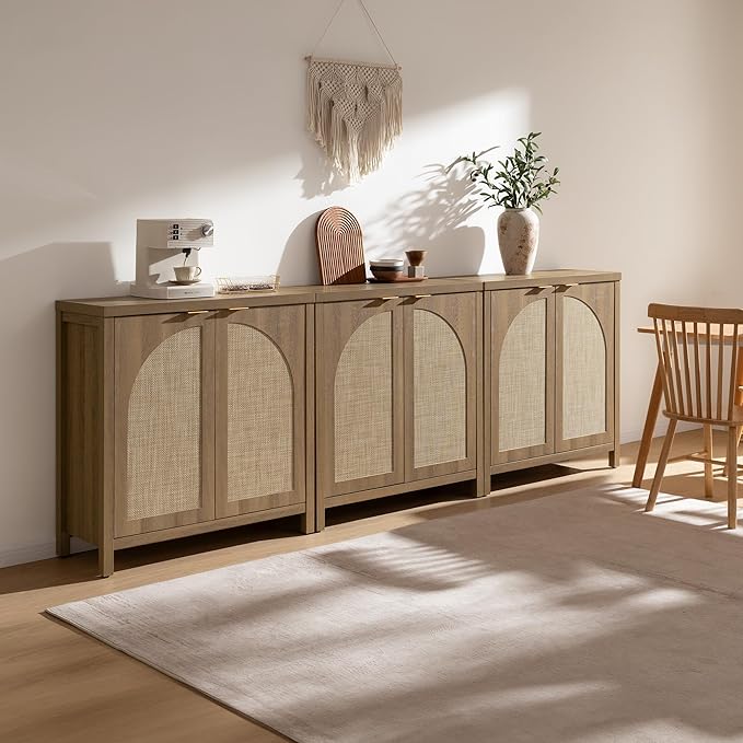 SICOTAS Rattan Sideboard Buffet Cabinet with Storage, Mid Century Modern Credenza Storage Cabinet with Arch Doors & Shelves Farmhouse Coffee Bar Media Console Cabinets for Living Room, Entryway