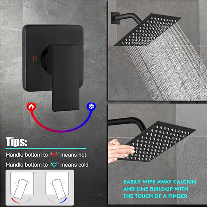 Heyalan Shower Faucet Set with Valve, Bathroom Rainfall Shower System, Wall Mount Single Handle Shower Trim Kit, Rainfall Fixed Shower Head, 8 Inch Square Shower Head, Matte Black