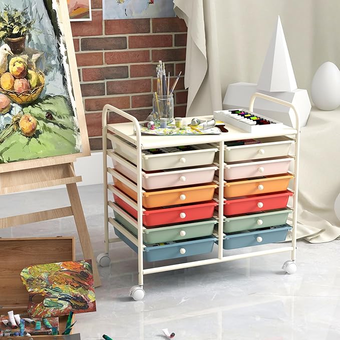 GOFLAME 12-Drawer Rolling Storage Cart, Multifunctional Art Craft Organizer Cart, Mobile Utility Storage Cart with Removable Drawers & Lockable Wheels, Craft Cart for Home Office School, Macaron Color