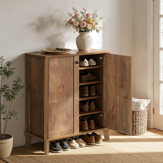 LITTLE TREE Shoe Cabinet with Doors, 5-Tier Shoe Cabinet for Entryway, Modern Farmhouse Entry Way Shoe Storage Cabinet with 3 Adjustable & Removable Shelves for Entrance, Living Room, Rustic Brown