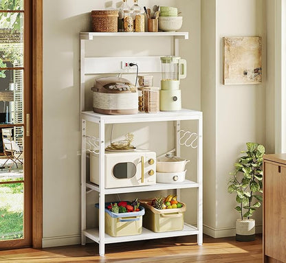 SUPERJARE Kitchen Bakers Rack with Power Outlet, Coffee Bar Table 4 Tiers, Kitchen Microwave Stand with 6 S-Shaped Hooks, Storage Shelf Rack for Spices, Pots and Pans - White