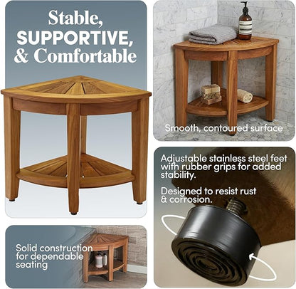 AquaTeak 15.5" Kai Mocha-Shield Corner Teak Shower Bench - Shower Stool for Bathroom with Elevated Height - Durable Water Resistant Shower Chair - Shaving Foot Rest - Indoor & Outdoor Use
