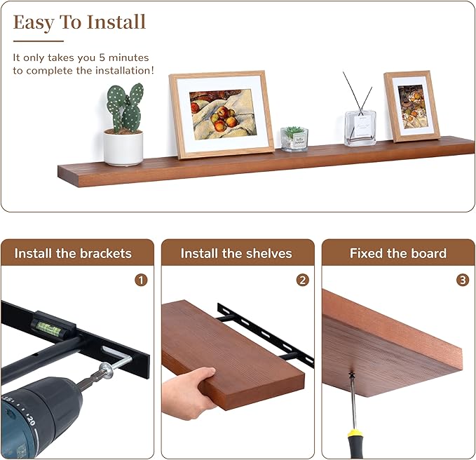 Marsmiles Wood Floating Shelves | 48 Inch Mahogan Wall Shelves Set of 1 | 48" W x 6.7" D Rustic Wooden Shelves for Bathroom Kitchen Living Room Bedroom