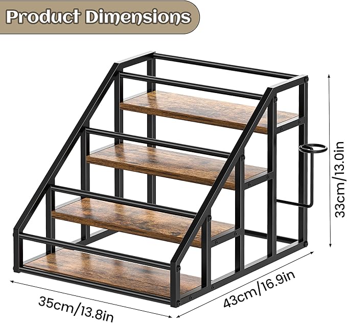 Coffee Syrup Rack Organizer, Spice Racks, Syrup Bottle Holder Stand for Coffee Bar, 4-Tier 16 Bottles Storage Shelves for Syrup, Wine, Dressing for Kitchen Countertop, Rustic Brown & Black
