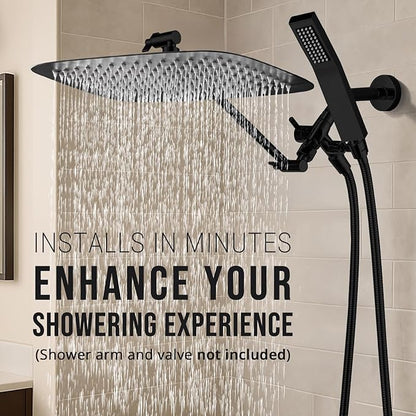 G-Promise All Metal 16 Inch Dual Square Shower Head with Handheld Spray Combo, Rain Shower Head, Adjustable Extension Arm, 3-Way Diverter, 71 Inch Extra Long Hose - A Bathroom Upgrade (Matte Black)