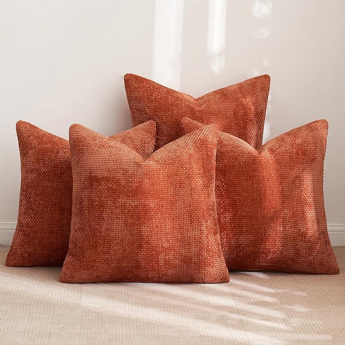MIULEE Pack of 4 Couch Throw Pillow Covers 18x18 Inch Burnt Orange Soft Decorative Chenille Pillow Covers Farmhouse Accent Cushion Covers for Boho Home Decor Sofa Bedroom Living Room
