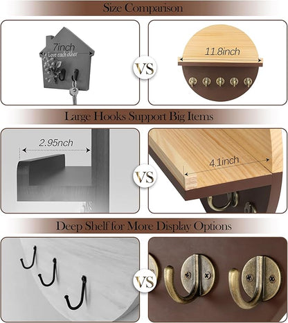 Key Holder for Wall with Shelf - Wood Mail Organizer and Rack with Shelf Hooks Wall Mounted for Entryway Decor Magazines Letter Storage Farmhouse Living Room Bedroom Doorway Brown