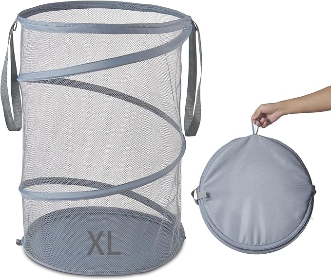 Seiritex Mesh Popup Laundry Hamper 115L Collapsible Laundry Basket Extra Large Capacity Foldable Clothing Storage Basket with Handles 26 H x 18 W x 18 L (Gray)