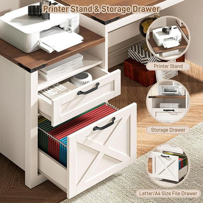 Vabches 51" Executive Desk Farmhouse Home Office Desk with Charging Station, File Drawer, Storage Cabinet, Monitor Stand, Wood Computer Desk with Hutch for Work Study Writing (White)