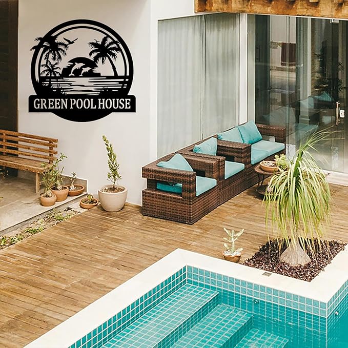 Custom Sunshine Palm Tree Beach House Metal Wall Art Personalized Ocean Waves Pool Name Sign Home Decor Patio Decoration Birthday Family Pool Home décor Tree House Sign
