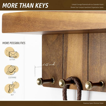 Rebee Vision Farmhouse Key Holder Wall Mount - Small Key Rack & Mail Organizer for Wall with 4 Key Hooks & Small Shelf - Home Essentials for Home Decor (Acacia Wood)