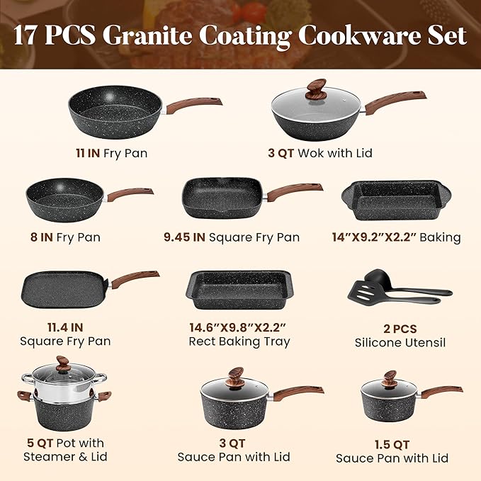 Kitchen Academy 17-Piece Induction Cookware Set, Nonstick Black Granite Pots and Pans