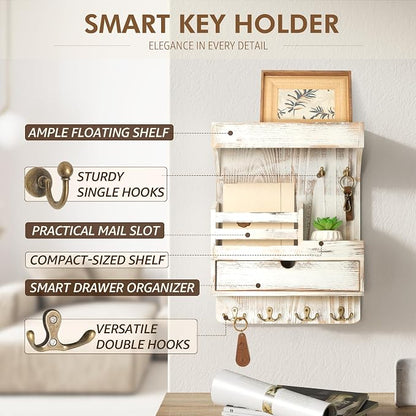 Rebee Vision Farmhouse Key Holder Wall Mount with Drawer Organizer – Pine Wooden Mail and Key Organizer for Wall with 6 Rustic Hooks & Floating Shelf – Chic Home Decor Accent (Whitewash)