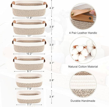 Storage Baskets for Organizing, Small Woven Basket Set of 6-4 Shelf Basket with Leather Handle and 2 Small Gift Baskets, Cotton Rope Basket for Shelves, Nursery, Dog Toy, Bathroom