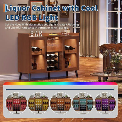 Garvee Modern Wine Bar Cabinet with LED Light, Wood Kitchen Coffee Bar Home Liquor Cabinets with Glass Holder, Doors and Wine Racks Buffet Sideboard with Storage for Living Room