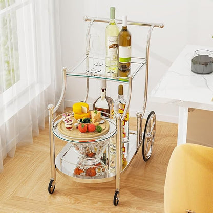 Tangkula Bar Cart, 3-Tier Rolling Home Bar Serving Cart with Mirrored Shelves & 4 Wheels, Mobile Beverage & Wine Cart for Kitchen, Dining Room, Living Room (Silver)