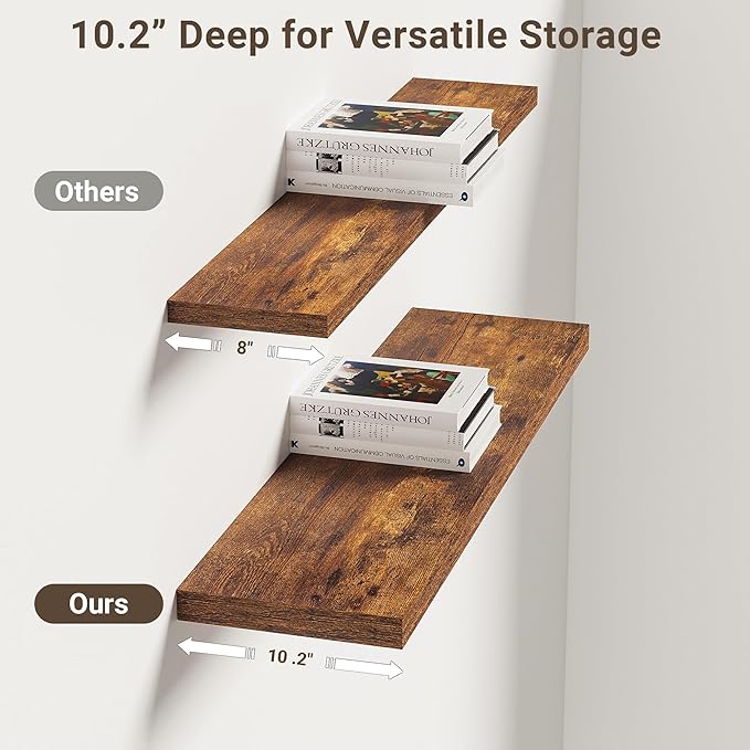 Vivelove 10 Inch Deep Floating Shelves 30 inch Long, 30 x 10 Wide Wall Shelves with Invisible Brackets, for Bedroom Bathroom Living Room Kitchen Office, Farmhouse Home Decor, Set of 2, Rustic Brown
