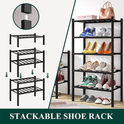 Smiry Small Bamboo Shoe Rack, 3 Tier Free Standing Wooden Shoe Organizer, Stackable Wood Shoe Storage Shelf for Closet, Entryway, 12 Vertical Slats, 2+1 Stack Standard Legs, 17.3"x11"x19.5", Black