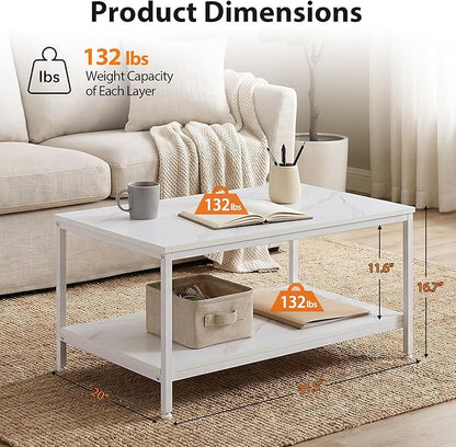 SUPER DEAL 2-Tier Industrial Coffee Table with Storage Shelf for Small Apartment Living Room, Rectangle Wood and Stable Metal TV Stand Side End Table, White Marble