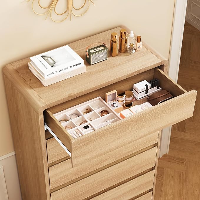 TEENFON Tall Dresser for Bedroom with 6 Drawers, 49.2" Tall Dressers & Chest of Drawers with Curved Profile Design, Wood Closet Storage Dressers Organizer for Bedroom, Living Room, Natural