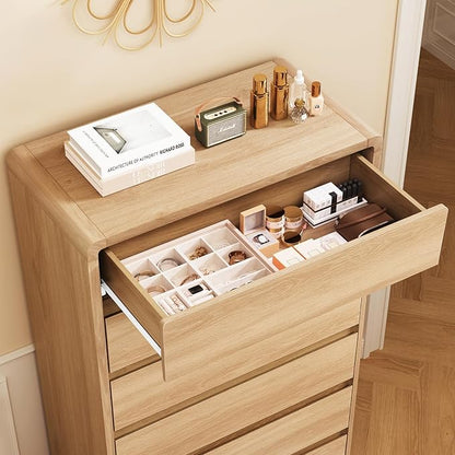 TEENFON Tall Dresser for Bedroom with 6 Drawers, 49.2" Tall Dressers & Chest of Drawers with Curved Profile Design, Wood Closet Storage Dressers Organizer for Bedroom, Living Room, Natural