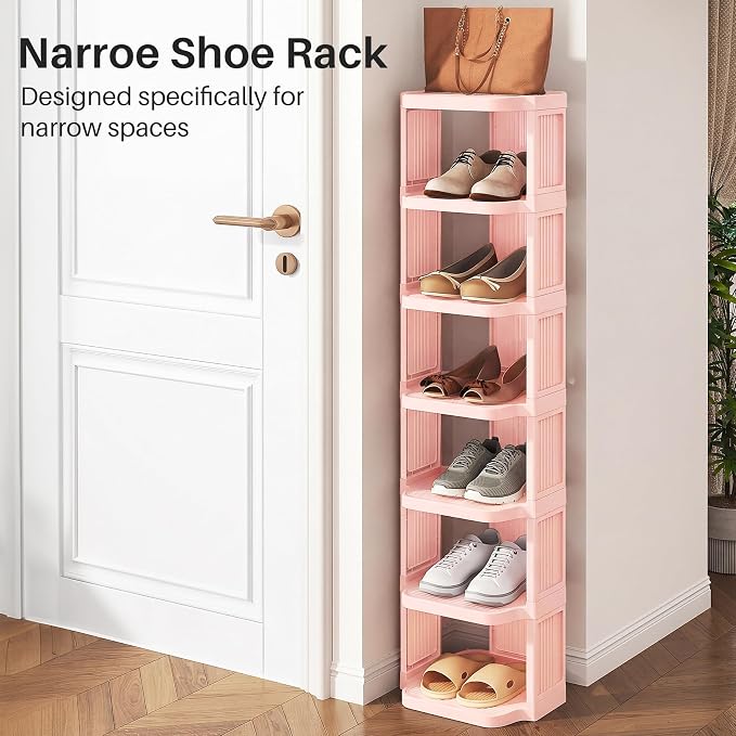 Kitstorack 5-Tier Vertical Plastic Shoe Rack, Freestanding Stackable Shoe Storage Organizer Cubes Shoe Shelf Tower or Small Closets and Tight Spaces, Pink