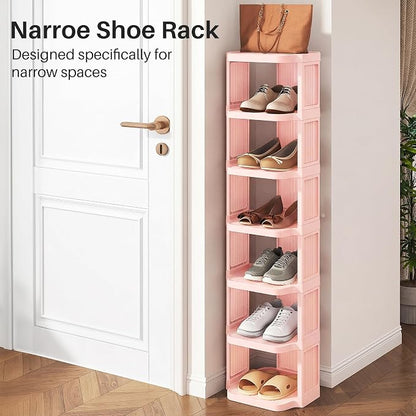 Kitstorack 5-Tier Vertical Plastic Shoe Rack, Freestanding Stackable Shoe Storage Organizer Cubes Shoe Shelf Tower or Small Closets and Tight Spaces, Pink