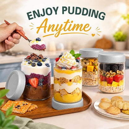 6 Pack Mason jars, 16 oz Overnight oats Containers with Lids, Parfait Cups with Lids for Yogurt, Oatmeal, Glass Jar with Lid for Storage, Food, Pudding, Sugar, Salad, Snack, Kitchen, Jam(Gray)