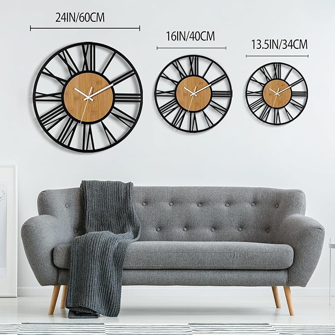 1st owned Wall Clocks for Living Room Decor,13" Vintage,Round Silent Non Ticking,Black Metal,Modern Wood Clocks for Home Bedroom,Kitchen,Garden,Office,Cafe,Modern Wall Decoration -Roman Numerals