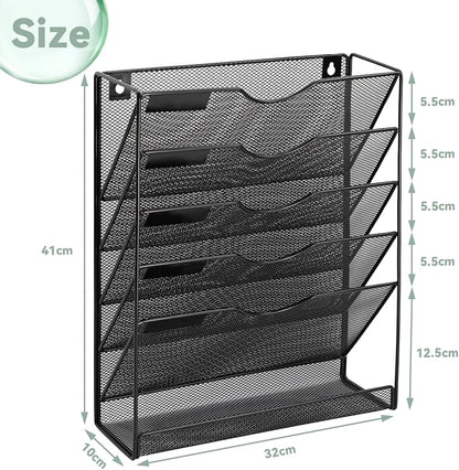 6-Tier Mesh Wall File Holder Organizer with Bottom Flat Tray, Vertical Hanging File Organizer, Office Hanging File Folder Magazine Rack, Nametag Label Hooks Set Included, Black