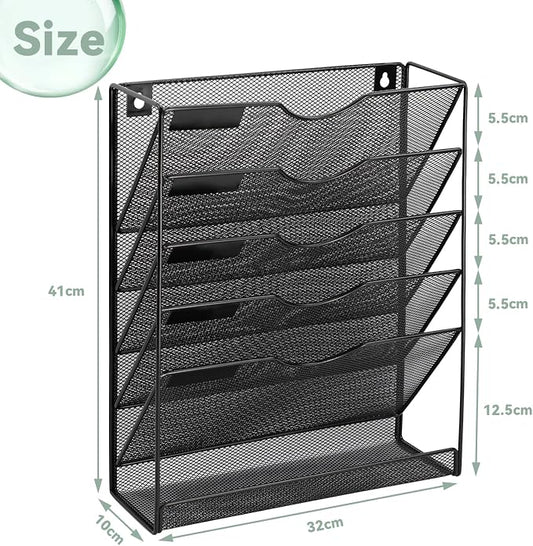 6-Tier Mesh Wall File Holder Organizer with Bottom Flat Tray, Vertical Hanging File Organizer, Office Hanging File Folder Magazine Rack, Nametag Label Hooks Set Included, Black