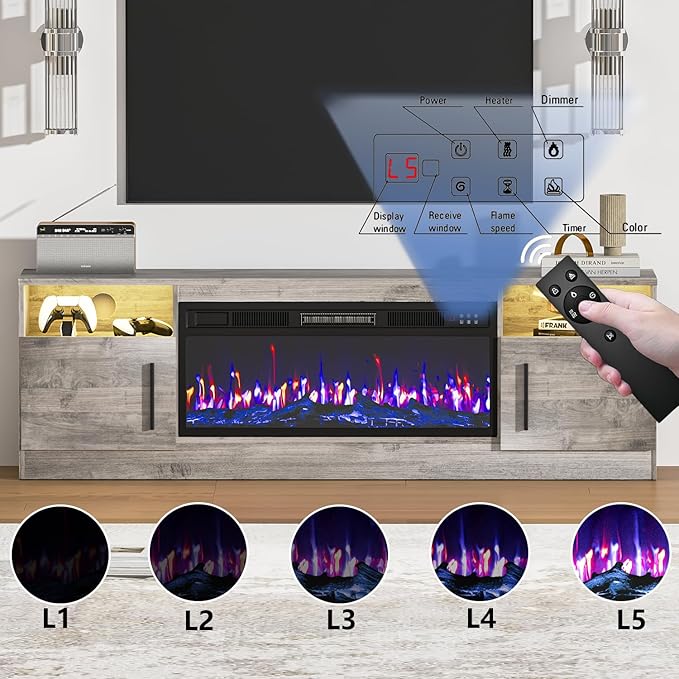 PRETZI Fireplace TV Stand with 36" Fireplace Up to 80" TVs, 70" Entertainment Center with LED Lights, Remote Control, TV Media Console with Storage Cabinets for Living Room, Gray