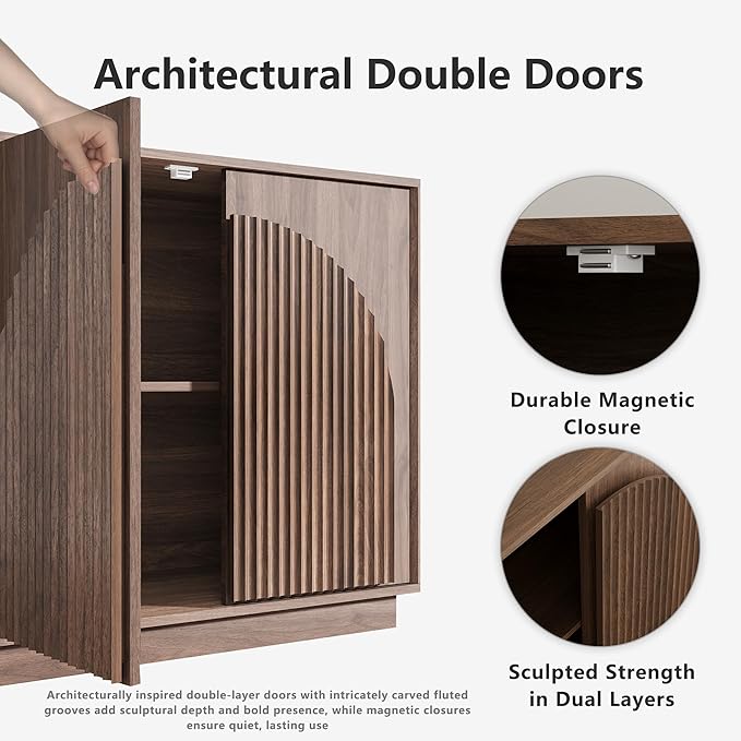 WIN2WIN Fluted Sideboard Buffet Cabinet with Storage, 31.5" Mid Century Modern Accent Cabinet with Double-Layered Arch Door, Small Wood Console Credenza for Dining Living Room Entryway Hallway, Walnut