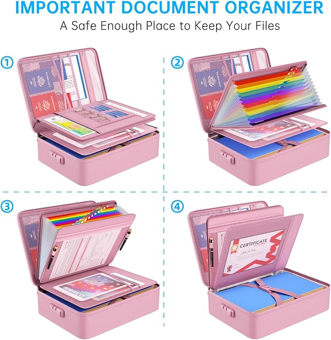 ENGPOW Fireproof File Organizer Bag with 13 Colorful Pockets Accordion File Folder,5200℉ Document Organizer Box with Lock&Labels,Multi-Layer Portable Home Safe Storage for Important Documents,Pink