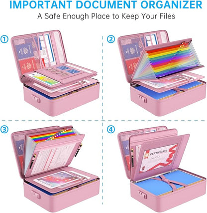 ENGPOW Fireproof File Organizer Bag with 13 Colorful Pockets Accordion File Folder,5200℉ Document Organizer Box with Lock&Labels,Multi-Layer Portable Home Safe Storage for Important Documents,Pink